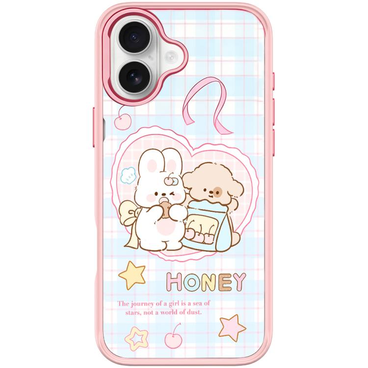 For iPhone 16 Adorable Love Rabbit Pattern Magnetic Phone Case(Pink)