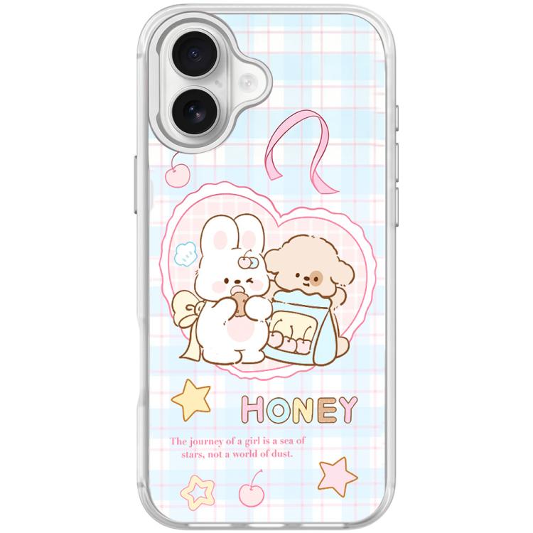 For iPhone 16 Adorable Love Rabbit Pattern Magnetic Phone Case(Transparent White)