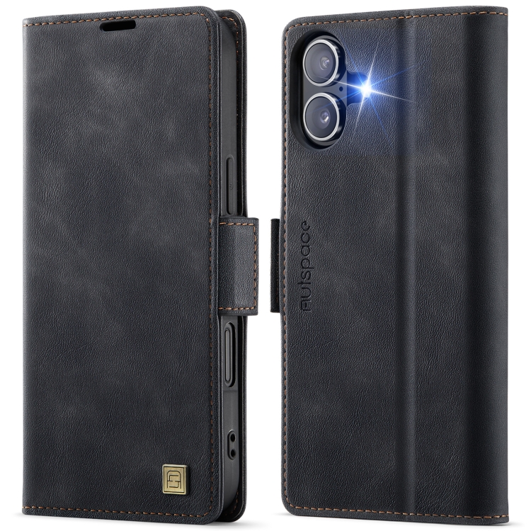 For iPhone 16 AutSpace A11 Side Buckle MagSafe Magnetic RFID Phone Leather Case(Black)