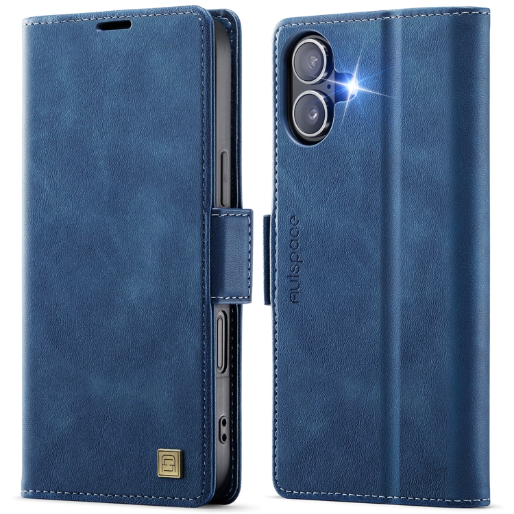 For iPhone 16 AutSpace A11 Side Buckle MagSafe Magnetic RFID Phone Leather Case(Blue)