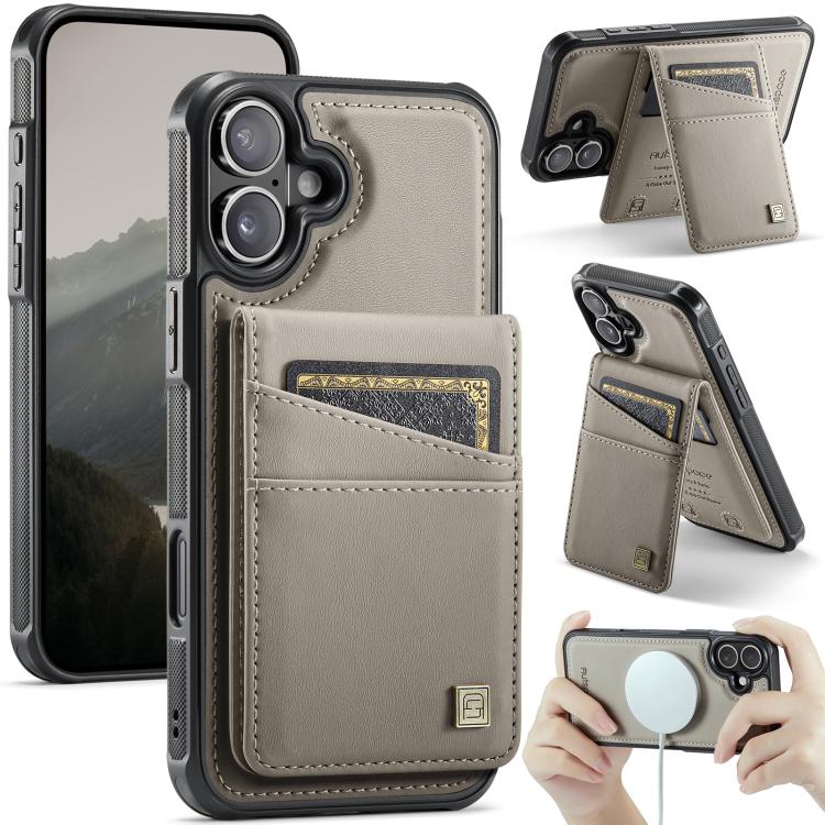 For iPhone 16 AutSpace A12 MagSafe Magnetic RFID Card Bag Phone Case(Khaki)