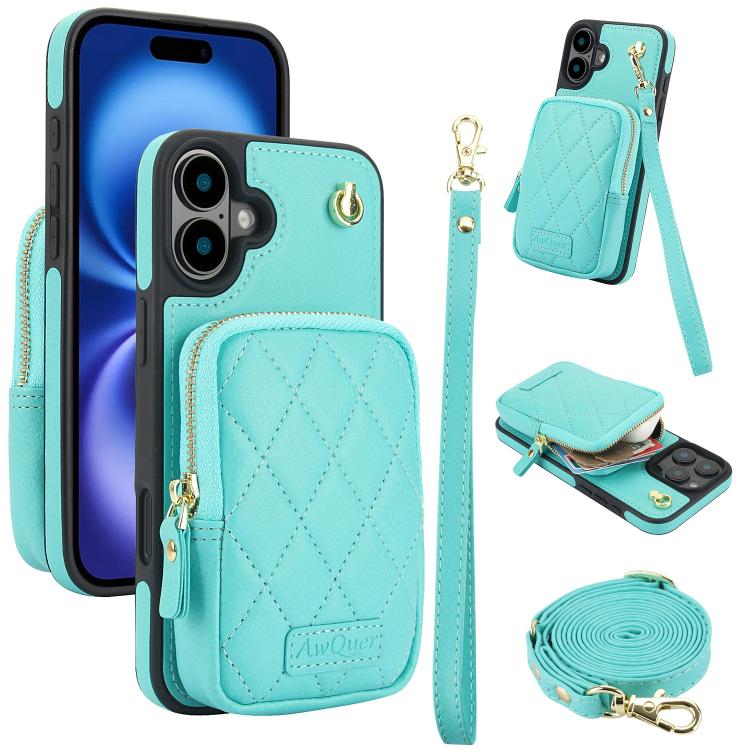 For iPhone 16 AwQuer Crossbody Zipper Wallet Bag Litchi Leather Phone Case(Mint Green)