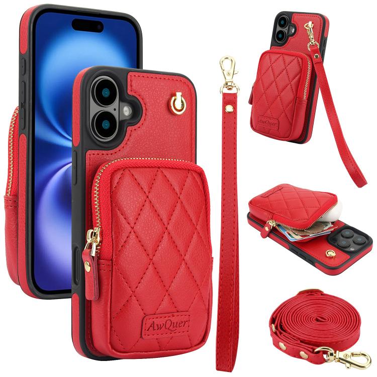 For iPhone 16 AwQuer Crossbody Zipper Wallet Bag Litchi Leather Phone Case(Red)