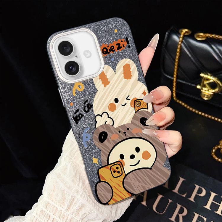 For iPhone 16 Bear Pattern IMD Glitter PC Hybrid TPU Phone Case(Black)
