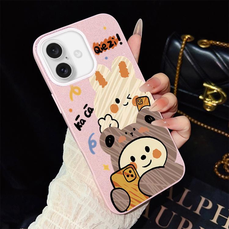 For iPhone 16 Bear Pattern IMD Glitter PC Hybrid TPU Phone Case(Pink)