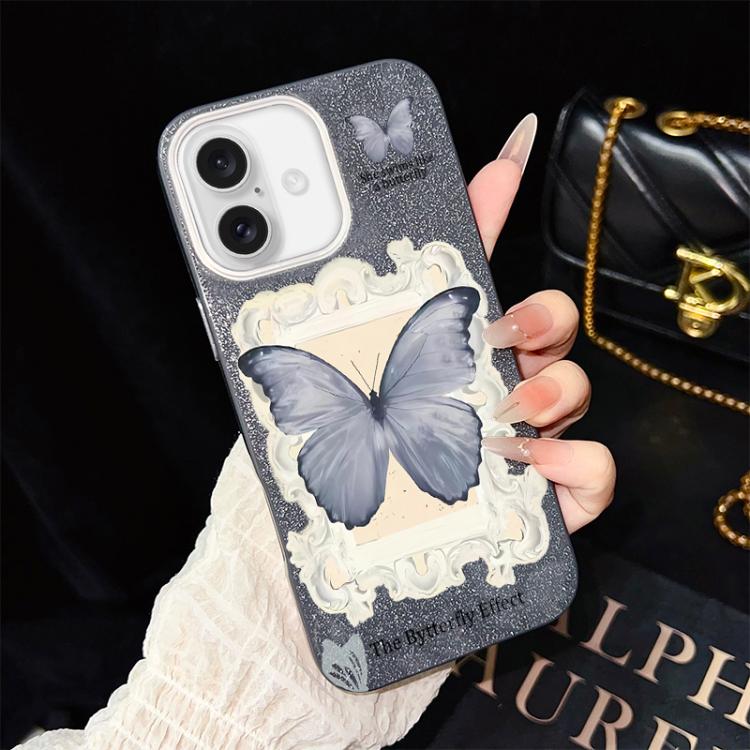 For iPhone 16 Blue Butterfly Pattern IMD Glitter PC Hybrid TPU Phone Case(Black)
