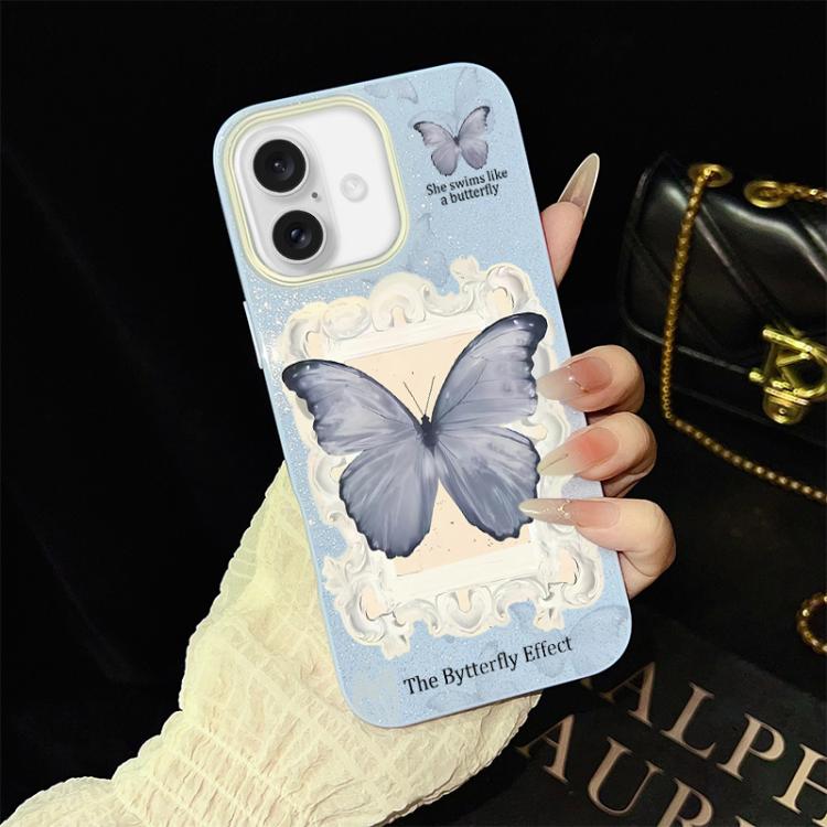For iPhone 16 Blue Butterfly Pattern IMD Glitter PC Hybrid TPU Phone Case(Blue)