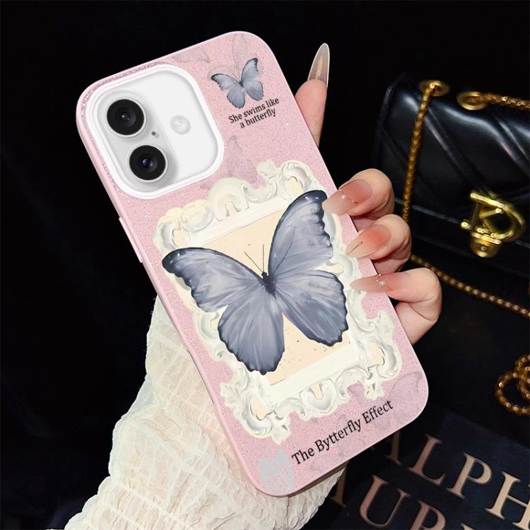 For iPhone 16 Blue Butterfly Pattern IMD Glitter PC Hybrid TPU Phone Case(Pink)