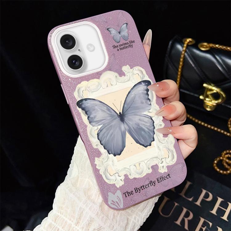For iPhone 16 Blue Butterfly Pattern IMD Glitter PC Hybrid TPU Phone Case(Purple)