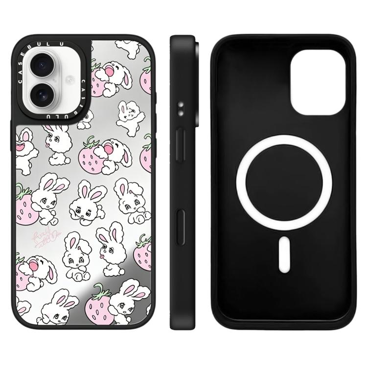 For iPhone 16 Bunny Series Pattern Mirror Magnetic Phone Case(Strawberry Bunny)