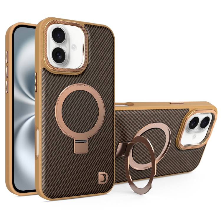 For iPhone 16 Carbon Fiber MagSafe Holder Phone Case(Gold)