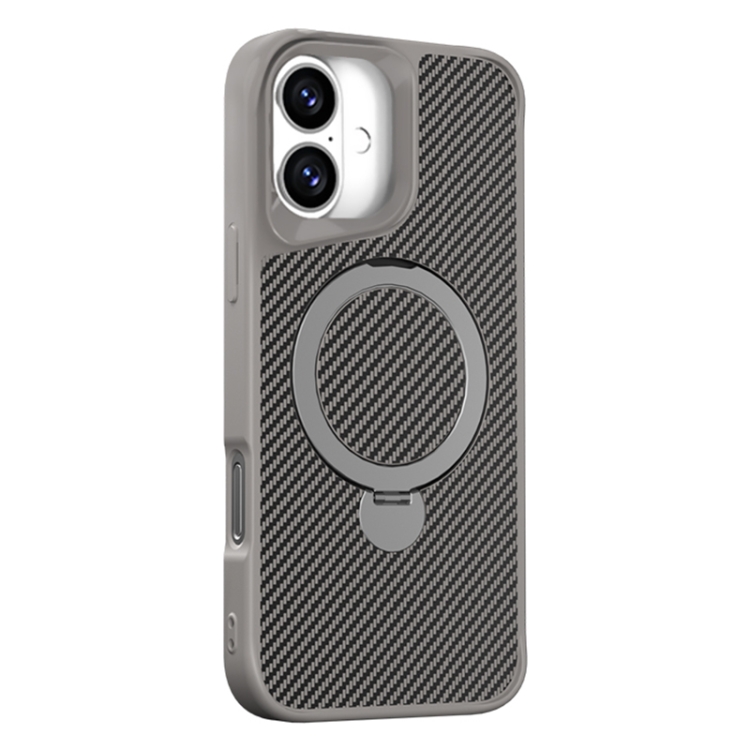 For iPhone 16 Carbon Fiber Texture 360 MagSafe Holder Phone Case(Titanium Gray)