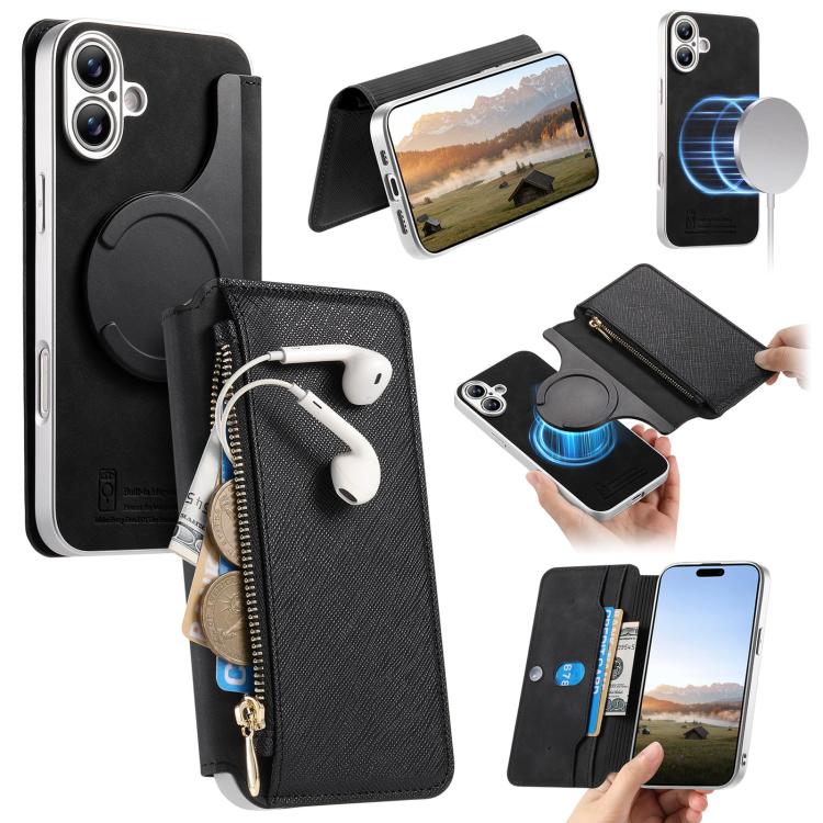 For iPhone 16 CaseNeo Precision Hole Silver-Edged Magnetic Zipper Wallet Cross-Grain Vegan Leather Phone Case(Black)