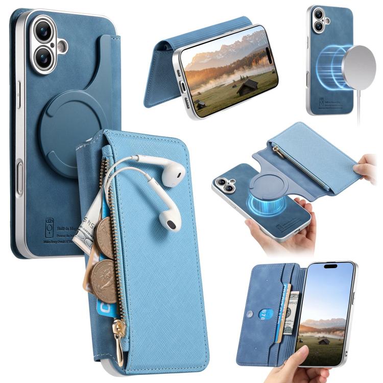 For iPhone 16 CaseNeo Precision Hole Silver-Edged Magnetic Zipper Wallet Cross-Grain Vegan Leather Phone Case(Blue)
