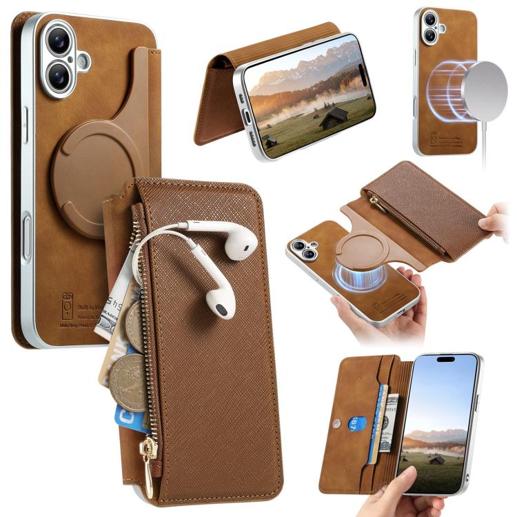 For iPhone 16 CaseNeo Precision Hole Silver-Edged Magnetic Zipper Wallet Cross-Grain Vegan Leather Phone Case(Brown)