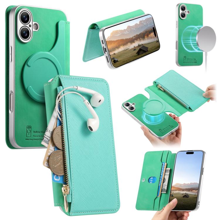 For iPhone 16 CaseNeo Precision Hole Silver-Edged Magnetic Zipper Wallet Cross-Grain Vegan Leather Phone Case(Green)