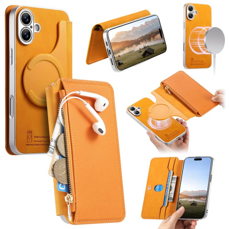 For iPhone 16 CaseNeo Precision Hole Silver-Edged Magnetic Zipper Wallet Cross-Grain Vegan Leather Phone Case(Orange)