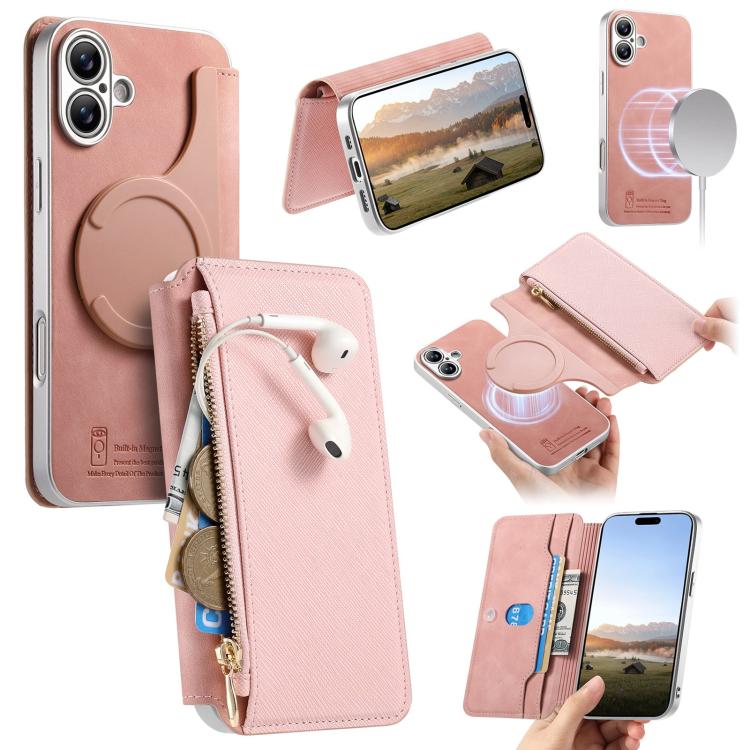 For iPhone 16 CaseNeo Precision Hole Silver-Edged Magnetic Zipper Wallet Cross-Grain Vegan Leather Phone Case(Pink)
