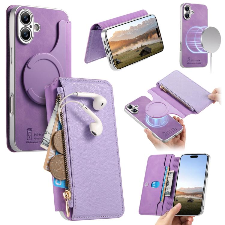 For iPhone 16 CaseNeo Precision Hole Silver-Edged Magnetic Zipper Wallet Cross-Grain Vegan Leather Phone Case(Purple)