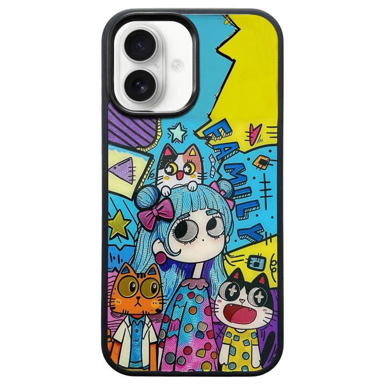 For iPhone 16 Cat and Girl Pattern PC Hybrid TPU Phone Case(Black)