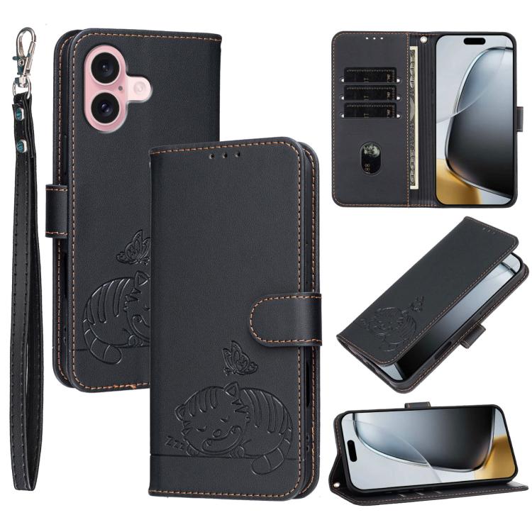 For iPhone 16 Cat Butterfly Embossed RFID Vegan Leather Phone Case with Strap(Black)