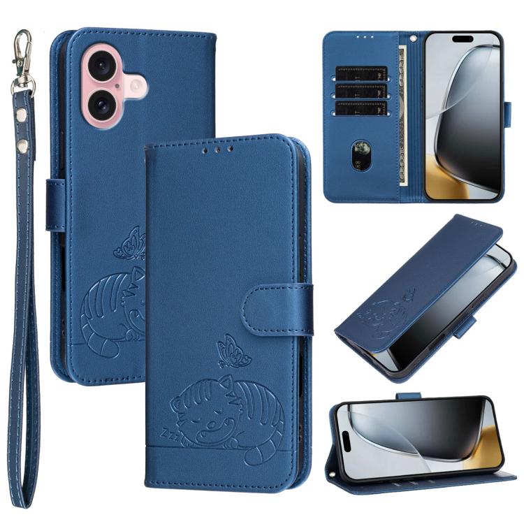 For iPhone 16 Cat Butterfly Embossed RFID Vegan Leather Phone Case with Strap(Dark Blue)
