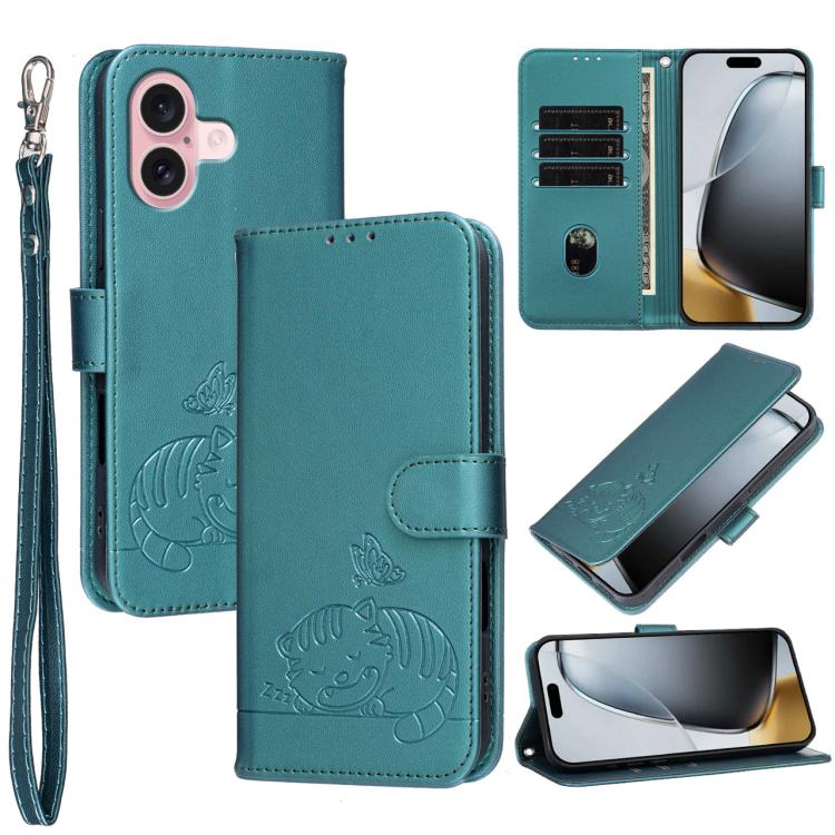 For iPhone 16 Cat Butterfly Embossed RFID Vegan Leather Phone Case with Strap(Dark Green)