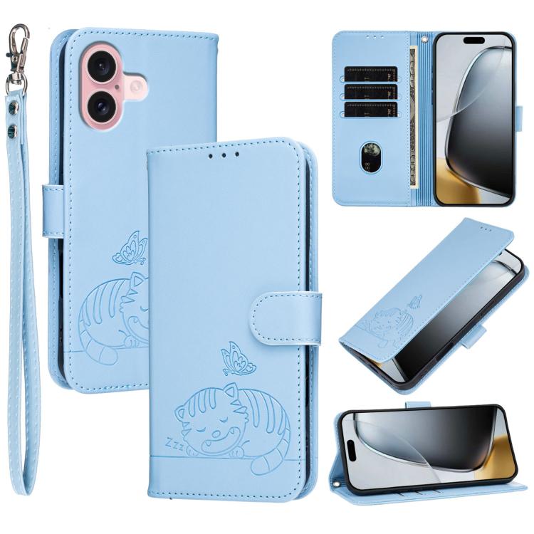 For iPhone 16 Cat Butterfly Embossed RFID Vegan Leather Phone Case with Strap(Light Blue)