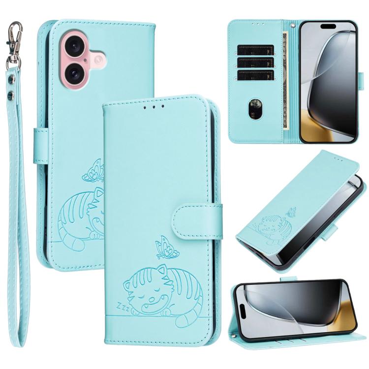 For iPhone 16 Cat Butterfly Embossed RFID Vegan Leather Phone Case with Strap(Light Green)