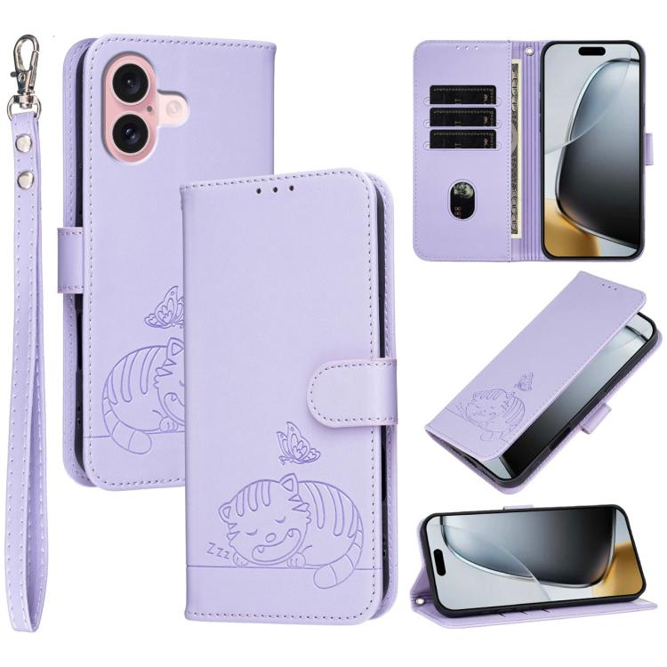 For iPhone 16 Cat Butterfly Embossed RFID Vegan Leather Phone Case with Strap(Light Purple)