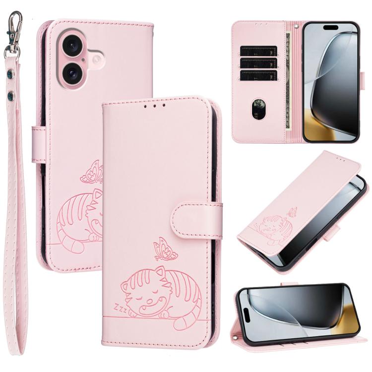 For iPhone 16 Cat Butterfly Embossed RFID Vegan Leather Phone Case with Strap(Pink)