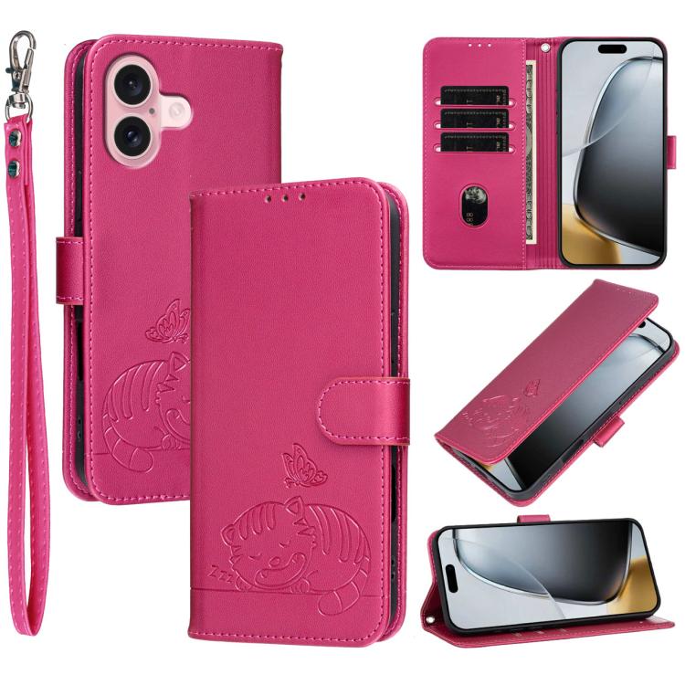 For iPhone 16 Cat Butterfly Embossed RFID Vegan Leather Phone Case with Strap(Rose Red)