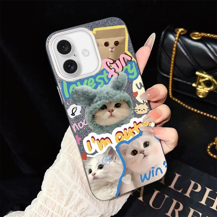 For iPhone 16 Cats Pattern IMD Glitter PC Hybrid TPU Phone Case(Black)