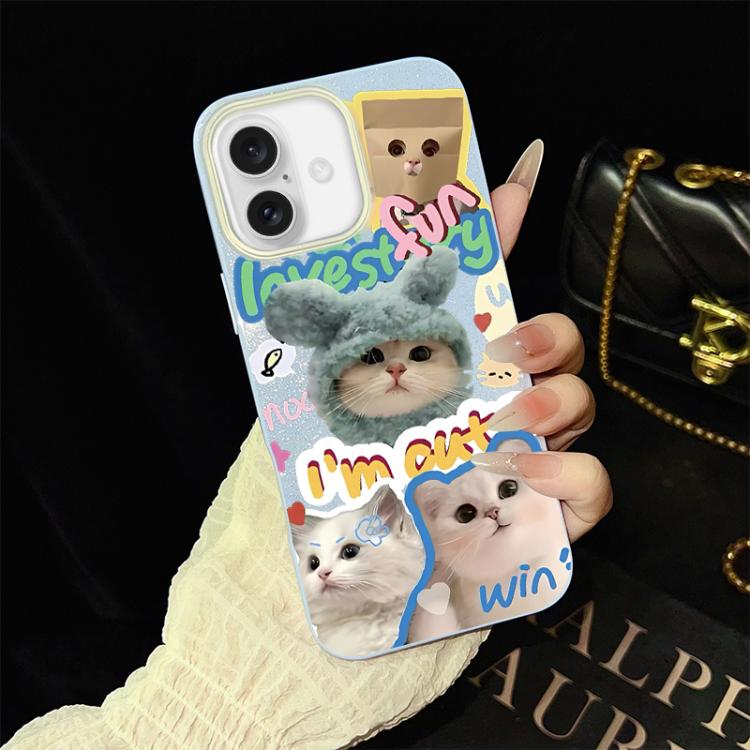For iPhone 16 Cats Pattern IMD Glitter PC Hybrid TPU Phone Case(Blue)