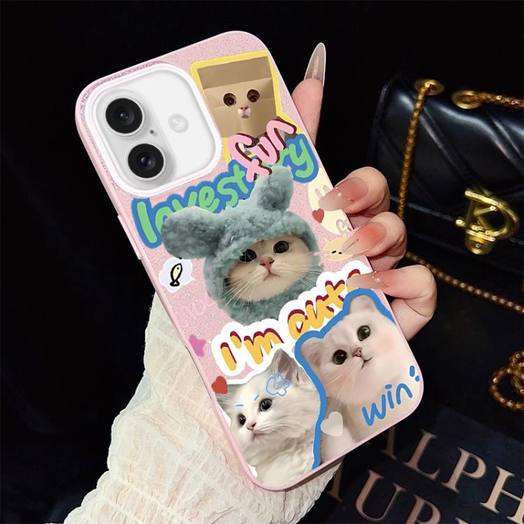 For iPhone 16 Cats Pattern IMD Glitter PC Hybrid TPU Phone Case(Pink)