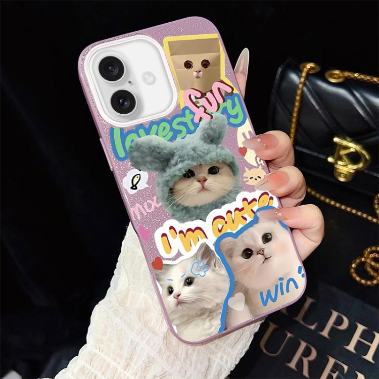 For iPhone 16 Cats Pattern IMD Glitter PC Hybrid TPU Phone Case(Purple)