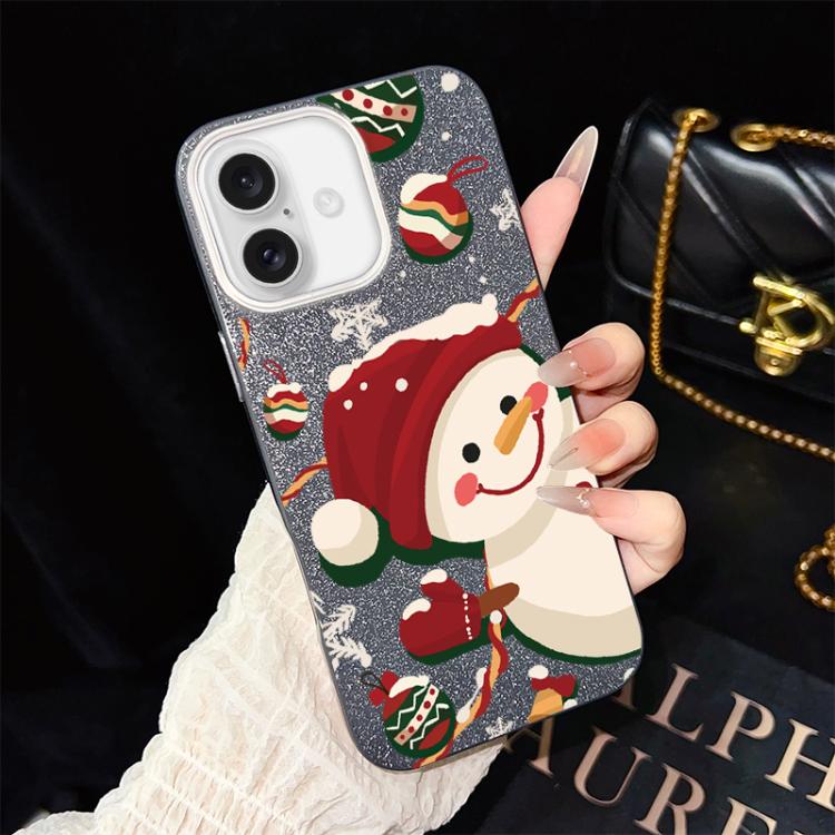 For iPhone 16 Christmas Pattern IMD Glitter PC Hybrid TPU Phone Case(Black)