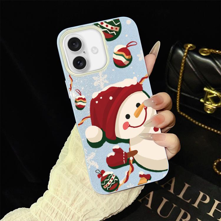 For iPhone 16 Christmas Pattern IMD Glitter PC Hybrid TPU Phone Case(Blue)