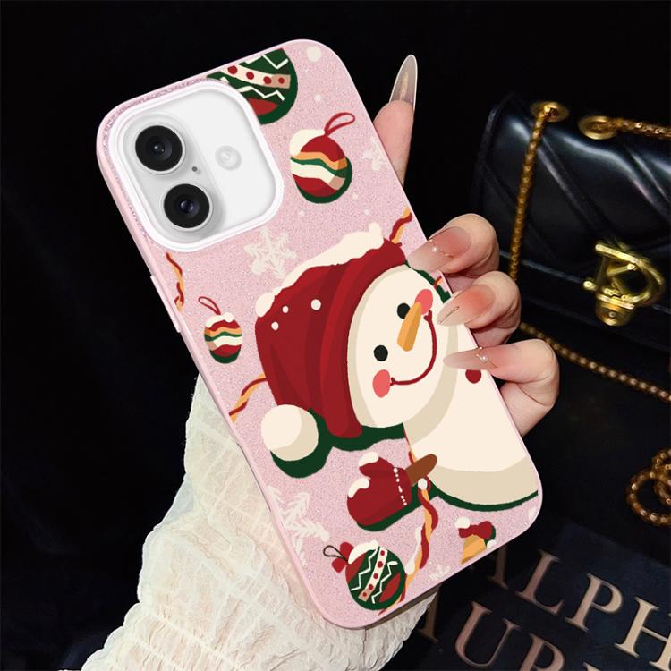 For iPhone 16 Christmas Pattern IMD Glitter PC Hybrid TPU Phone Case(Pink)