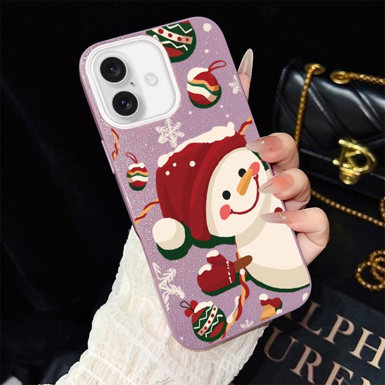 For iPhone 16 Christmas Pattern IMD Glitter PC Hybrid TPU Phone Case(Purple)