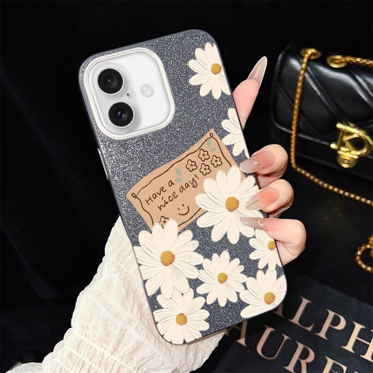 For iPhone 16 Chrysanthemum Pattern IMD Glitter PC Hybrid TPU Phone Case(Black)