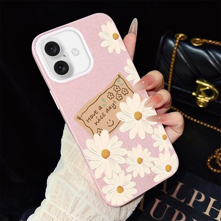 For iPhone 16 Chrysanthemum Pattern IMD Glitter PC Hybrid TPU Phone Case(Pink)