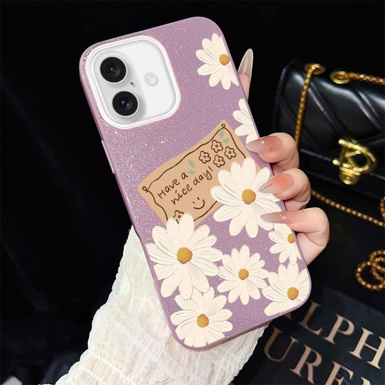 For iPhone 16 Chrysanthemum Pattern IMD Glitter PC Hybrid TPU Phone Case(Purple)