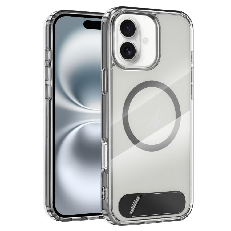 For iPhone 16 Clear PC Hybrid TPU MagSafe Phone Case with Holder(Black)