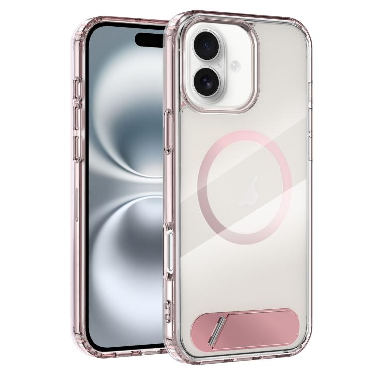 For iPhone 16 Clear PC Hybrid TPU MagSafe Phone Case with Holder(Pink)