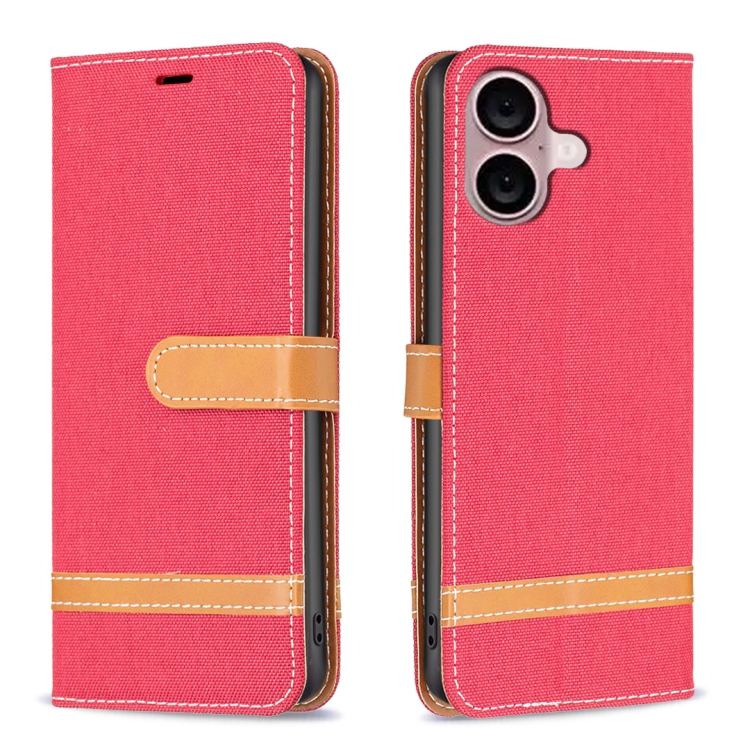 For iPhone 16 Color Block Denim Texture Leather Phone Case(Red)