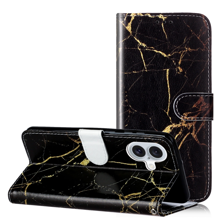 For iPhone 16 Colored Drawing Marble Pattern Leather Phone Case(Black Gold Marble)