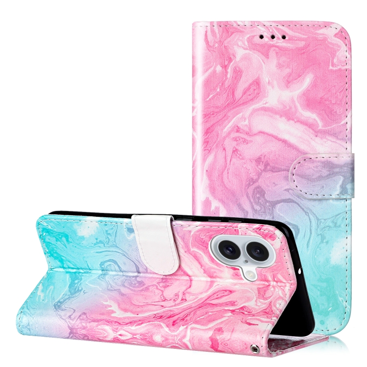 For iPhone 16 Colored Drawing Marble Pattern Leather Phone Case(Pink Green Marble)