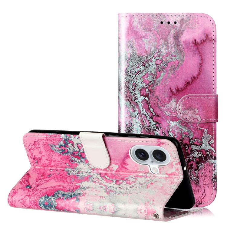 For iPhone 16 Colored Drawing Marble Pattern Leather Phone Case(Pink Seawater)