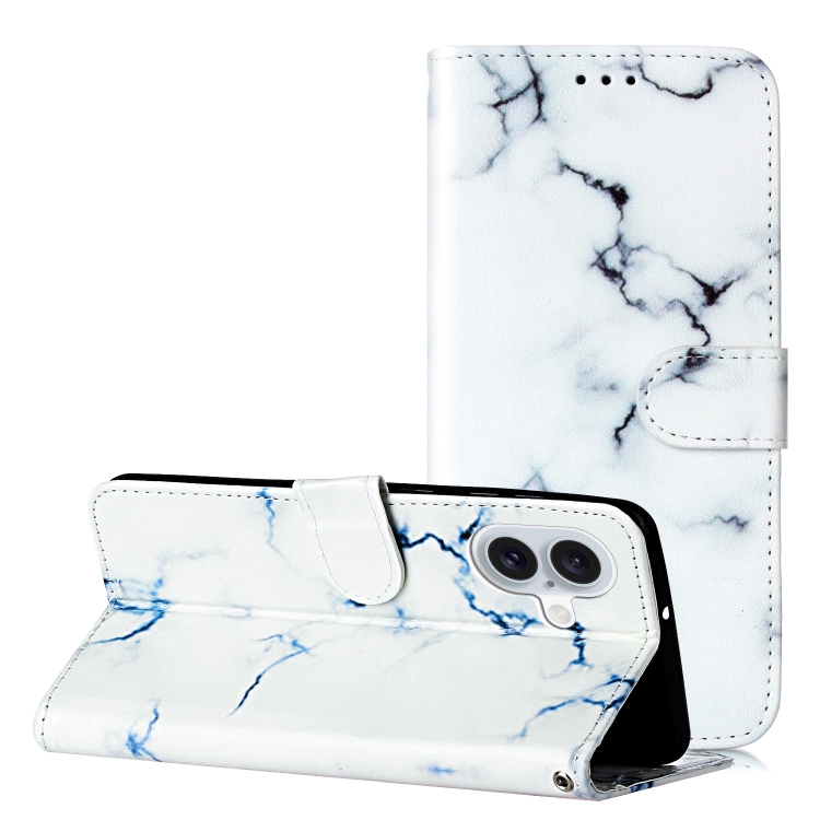 For iPhone 16 Colored Drawing Marble Pattern Leather Phone Case(White Marble)